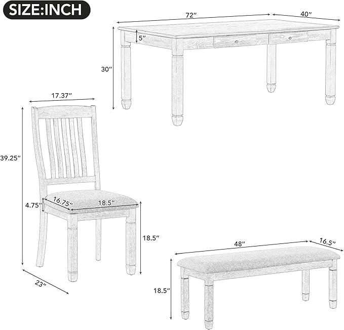 6-Piece Modern Dining Set, Include 72'L Solid Wood Table with 4 Drawers, Upholstered Chairs & Bench, for Kitchen, Living Room, Stable Frame and a Long Lifespan, Natural+Light Gray - LeafyLoom