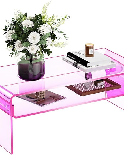 Acrylic Coffee Table for Living Room Clear Rectangle Lucite Table with Open Storage Shelf (1, Pink, Large) - LeafyLoom