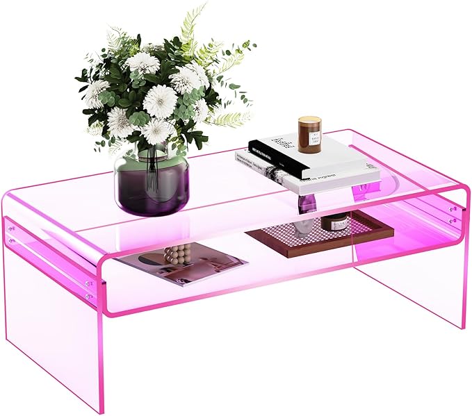 Acrylic Coffee Table for Living Room Clear Rectangle Lucite Table with Open Storage Shelf (1, Pink, Large) - LeafyLoom