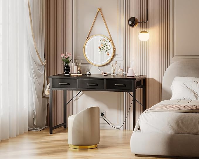 AODK 40 Inch Small Computer Desk with 3 Fabric Drawers, Office Desk with USB/Type-C Charging Ports & Power Outlets, Vanity Desk with Iron Hook for Bedroom, Study/Writing/Work Table for Bedroom, Black - LeafyLoom