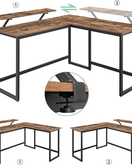 L Shape Computer Desk - Spacious 55 inch Corner Desk Home Office Desk Gaming Desk with Reversible Monitor Stand and Adjustable Feet, Easy Assembly, Rustic Brown - LeafyLoom