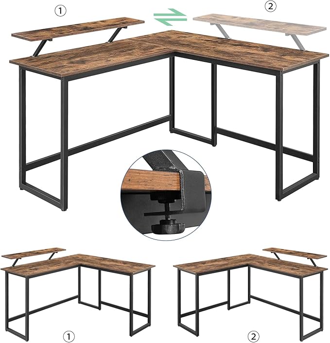 L Shape Computer Desk - Spacious 55 inch Corner Desk Home Office Desk Gaming Desk with Reversible Monitor Stand and Adjustable Feet, Easy Assembly, Rustic Brown - LeafyLoom