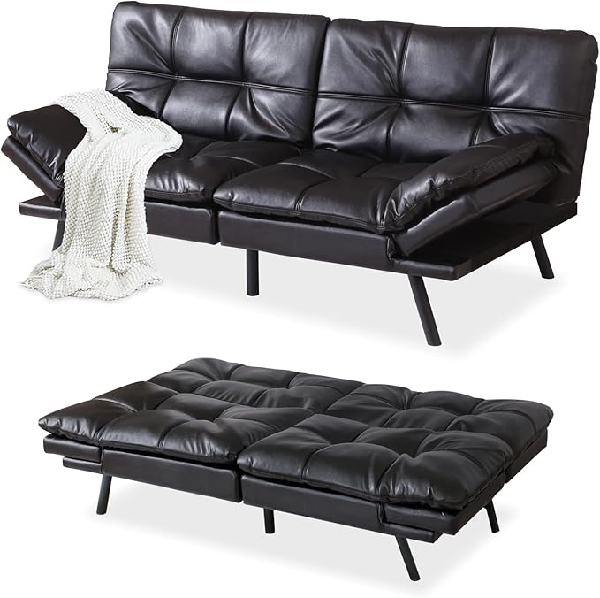 MUUEGM Futon Sofa Bed,Convertible Adjustable Backrest Armrests Memory Foam Couch Bed, Modern Faux Leather Futon Sleeper Couch Loveseat for Living Room,office,Apartment,Small Space,Black - LeafyLoom