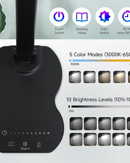 Led Desk Lamp with USB Charging Port, 5 Lighting Colors & 10 Brightness Reading Lamp, Foldable Dimmable LED Desk Light, 3000-6500K, Violin Shape Black Lamp Desk Lamps for Home Office - LeafyLoom