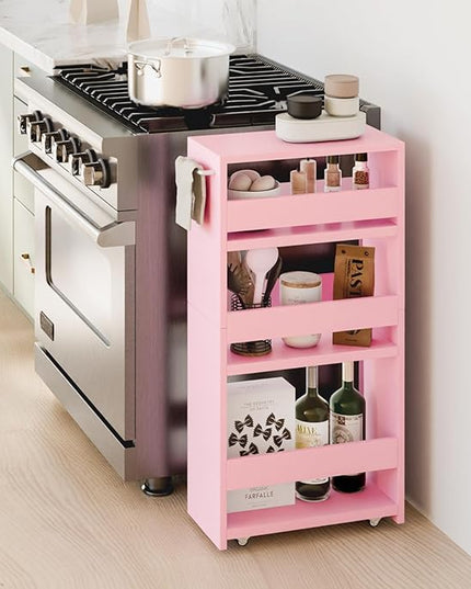 TEAMIX 4 Tier Slim Storage Cart with Handle, Pink Laundry Room Cart Between Washer and Dryer Rolling Narrow Kitchen Cart for Small Spaces (Pink, 5-1/2'' W) - LeafyLoom