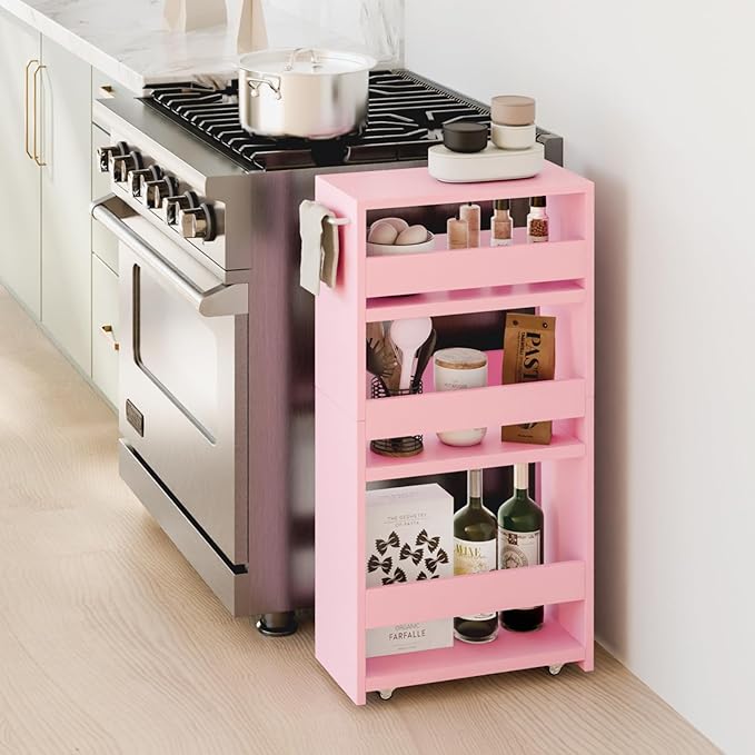 TEAMIX 4 Tier Slim Storage Cart with Handle, Pink Laundry Room Cart Between Washer and Dryer Rolling Narrow Kitchen Cart for Small Spaces (Pink, 5-1/2'' W) - LeafyLoom