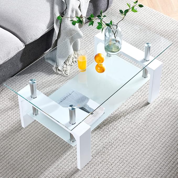 Living Room Rectangle Coffee Table, Tea Table Suitable for Waiting Room, Modern Side Coffee Table with Wooden Leg, Glass Tabletop with Lower Shelf, 39.5*23.5*17.5 inches , White - LeafyLoom