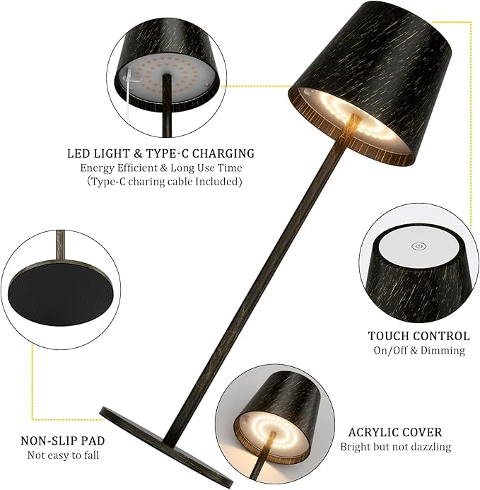 2 Pack Dimmable Table Lamp 3000k Warm White, IP54 Wireless Bottle Lamp for Indoor and Outdoor, 5000 mAh Rechargeable Table Lamp for Family, Restaurant & Bar(Copper) - LeafyLoom