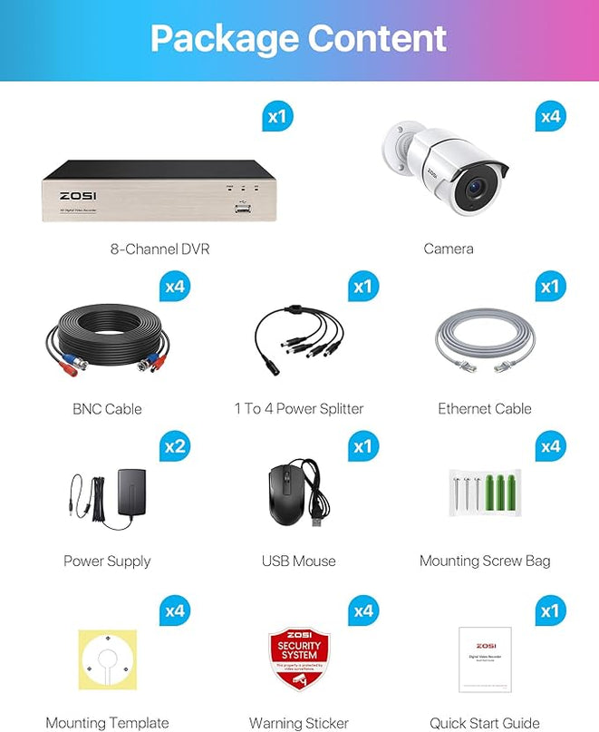 ZOSI 8CH 5MP Lite Home Security Camera System with 1-Way Audio,4x 1080p Metal Indoor Outdoor Cameras,AI Human/Vehicle Detection,Night Vision,Remote Access,H.265+ 8-Channel CCTV DVR No Hard Drive ZOSI