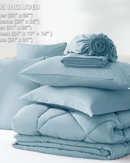 CozyLux Full Comforter Set with Sheets 7 Pieces Bed in a Bag Light Blue All Season Bedding Sets with Comforter, Pillow Shams, Flat Sheet, Fitted Sheet and Pillowcases - LeafyLoom