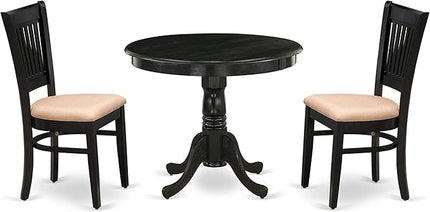 East West Furniture ANVA3-BLK-C 3 Piece Modern Dining Table Set Contains a Round Kitchen Table with Pedestal and 2 Linen Fabric Dining Room Chairs, 36x36 Inch, Black - LeafyLoom