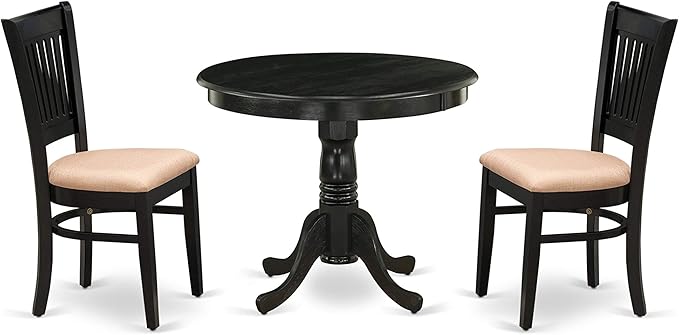 East West Furniture ANVA3-BLK-C 3 Piece Modern Dining Table Set Contains a Round Kitchen Table with Pedestal and 2 Linen Fabric Dining Room Chairs, 36x36 Inch, Black - LeafyLoom