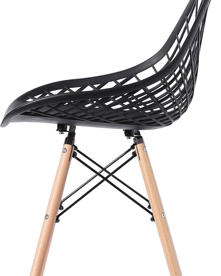 Mid-Century Modern Style Plastic DSW Shell Dining Chair with Lattice Back and Wooden Dowel Eiffel Legs, Black - LeafyLoom