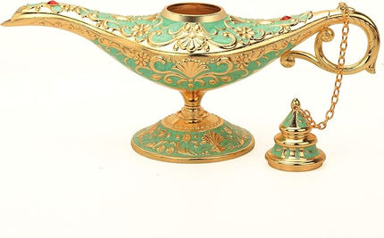 Classic Aladding Magic Genie Lamp Legend Wishing Light Costume Lamp Metal Carved Cone Incense Burner for Home Tabletop Decoration Party Birthday Halloween Christmas(Light Jade Green) - LeafyLoom