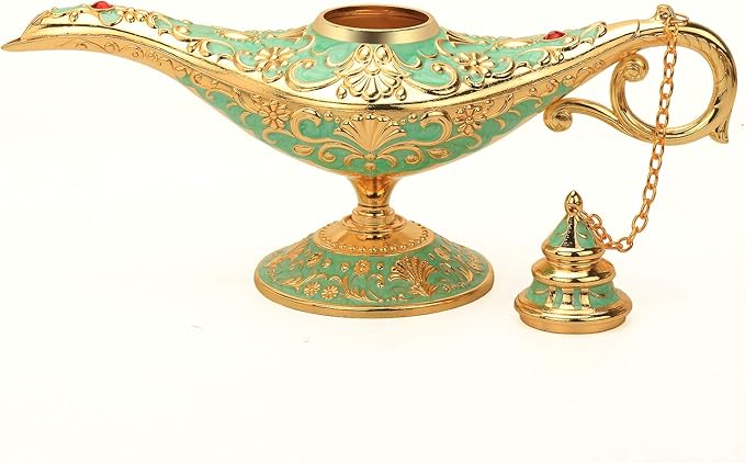 Classic Aladding Magic Genie Lamp Legend Wishing Light Costume Lamp Metal Carved Cone Incense Burner for Home Tabletop Decoration Party Birthday Halloween Christmas(Light Jade Green) - LeafyLoom