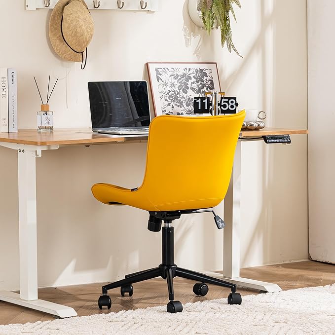 YOUTASTE Office Chair Modern Armless Desk Chair, Height Adjustable Swivel Rocking Computer Task Chair, Faux Leather Sewing Chairs with Wheels, Stylish Lounge Vanity Chair,Yellow - LeafyLoom