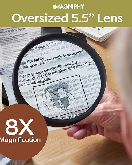 8X Desk Magnifying Light - Magnifying Glass for Reading and Crafts with 6 LEDs (No Glare, No Flickering) - Magnifying Lamp with Light and Stand, 2 Brightness Settings - Ideal for Seniors - LeafyLoom