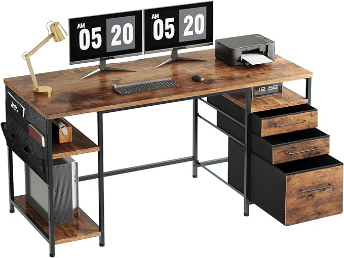 Desks with Drawers and Shelves, 59 inch Large Computer Desk. Long Desk Vintage Desk with Storage Bag, Big Office Desk with Adjustable Shelves, Home Office Desk with Metal Frame, Rustic Brown2 - LeafyLoom