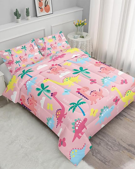 Axolotl Cute Dinosaur Comforter Set Twin,Colorful Dinosaur Girls Bedding Set,Dinosaurs Print Comforter Sets Botanical Palm Trees,Butterfly Bedding Set for Kids Girls Teens,1 Quilt 2 Pillowcases,Pink - LeafyLoom