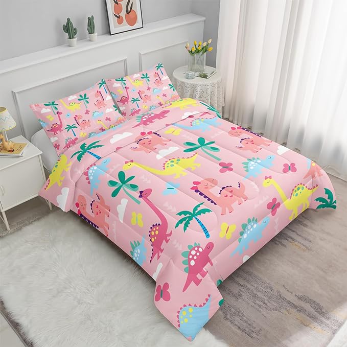 Axolotl Cute Dinosaur Comforter Set Twin,Colorful Dinosaur Girls Bedding Set,Dinosaurs Print Comforter Sets Botanical Palm Trees,Butterfly Bedding Set for Kids Girls Teens,1 Quilt 2 Pillowcases,Pink - LeafyLoom