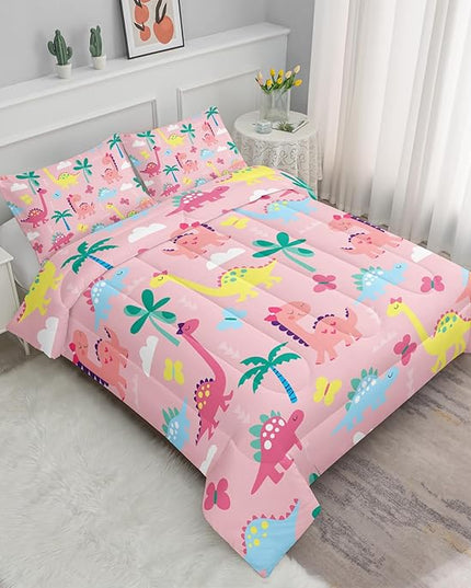 Axolotl Cute Dinosaur Comforter Set Queen,Colorful Dinosaur Girls Bedding Set,Dinosaurs Print Comforter Sets Botanical Palm Trees,Butterfly Bedding Set for Kids Girls Teens,1 Quilt 2 Pillowcases,Pink - LeafyLoom