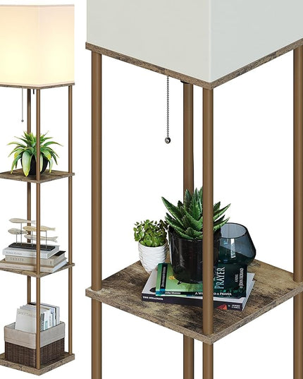 SUNMORY Floor Lamp with Shelves, Modern Square Standing Lamp with 3 Color Temperature Bulb, Corner Display Bookshelf Lamp for Living Room and Bedroom (Withered-leaf Color) - LeafyLoom