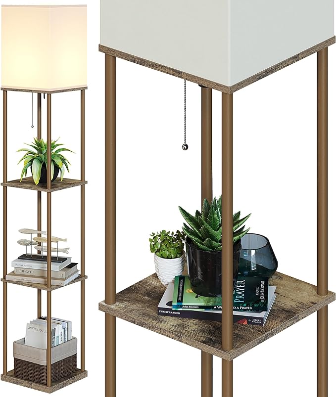 SUNMORY Floor Lamp with Shelves, Modern Square Standing Lamp with 3 Color Temperature Bulb, Corner Display Bookshelf Lamp for Living Room and Bedroom (Withered-leaf Color) - LeafyLoom