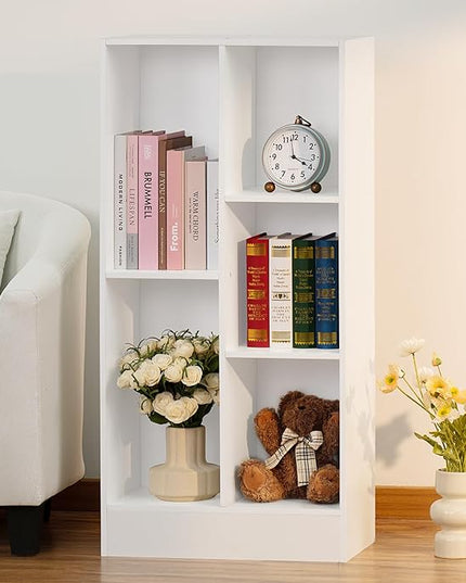 YAHARBO 5 Cube White Bookshelf,Small Modern Horizontal Bookcase,Wood Floor Standing Low Bookshelves Display Storage Cabinet with Base, Short Book Shelf Open Organizer for Bedroom,Living Room,Office - LeafyLoom
