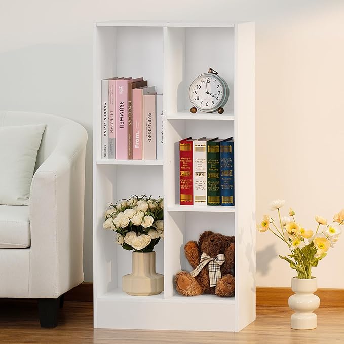 YAHARBO 5 Cube White Bookshelf,Small Modern Horizontal Bookcase,Wood Floor Standing Low Bookshelves Display Storage Cabinet with Base, Short Book Shelf Open Organizer for Bedroom,Living Room,Office - LeafyLoom
