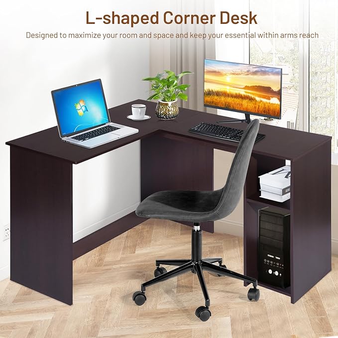 FurnitureR 47.2-Inch L-Shaped Computer Desk Home Office Study Writing Corner Gaming Table Retro Design Work Station Space-Saving for Study Room Bedroom, Brown - LeafyLoom