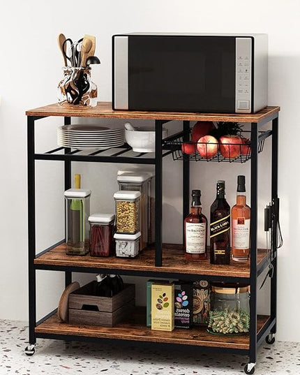 SogesGame Kitchen Cart Kitchen Baker's Rack, 3-Tier Vintage Serving Cart with Wheels Utility Cart Microwave Stand Storage Shelf Coffee Cart for Kitchen Coffee Station - LeafyLoom