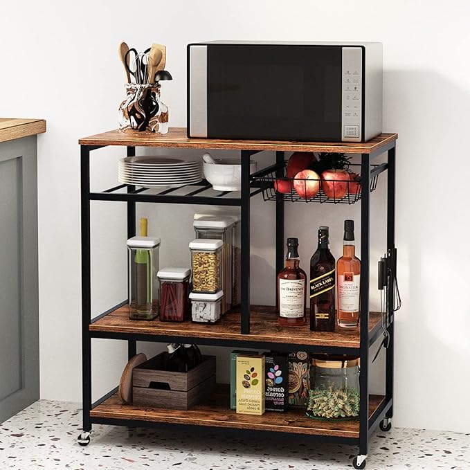 SogesGame Kitchen Cart Kitchen Baker's Rack, 3-Tier Vintage Serving Cart with Wheels Utility Cart Microwave Stand Storage Shelf Coffee Cart for Kitchen Coffee Station - LeafyLoom