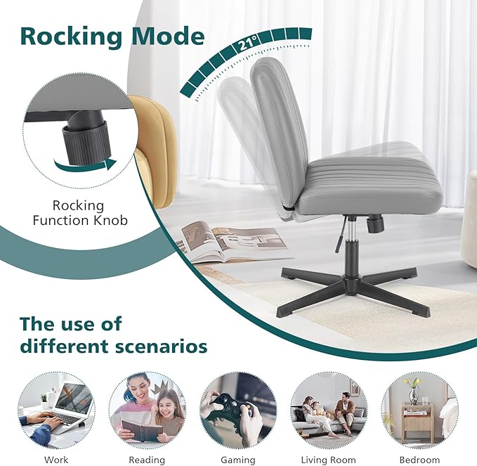 OLIXIS Cross Legged Armless Wide Adjustable Swivel Padded Home Office Desk Chair, Silver - LeafyLoom