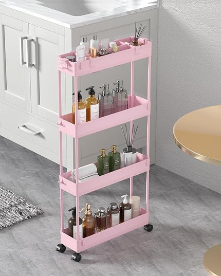 SPACELEAD Slim Storage Cart 4 Tier,Bathroom Storage Organizer Rolling Utility Cart, Mobile Shelving Unit Slide Out Storage Cart for Office, Bathroom, Kitchen, Laundry Room & Narrow Places， Pink - LeafyLoom