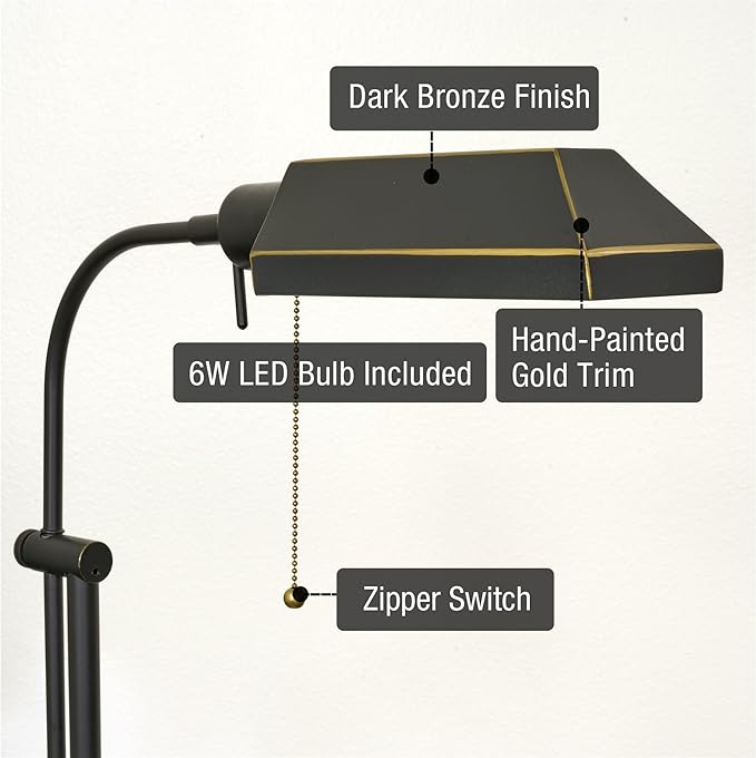 Kira Home Prescott 58" Modern Industrial Adjustable Standing Pharmacy Floor Lamp, Dark Bronze Finish, includes 6W LED Bulb (60W eq.) Energy Efficient, Eco-Friendly, Pivot Head for Hobby/Precise Task - LeafyLoom