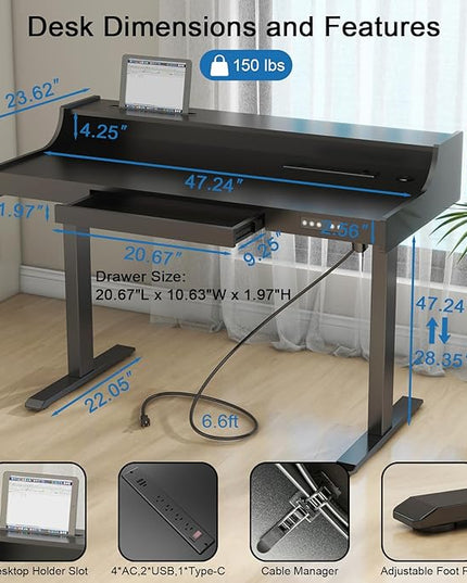 Vabches Standing Desk with Charging Station and LED Lights Adjustable Standing Desk with Drawer, Electric Adjustable Height Desk with Monitor Stand Sit Stand Home Office Desk, Black - LeafyLoom