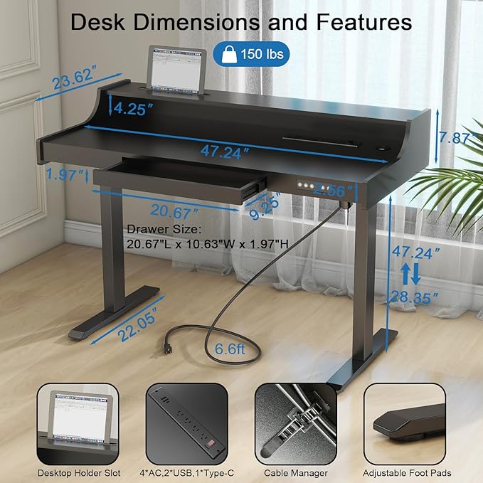 Vabches Standing Desk with Charging Station and LED Lights Adjustable Standing Desk with Drawer, Electric Adjustable Height Desk with Monitor Stand Sit Stand Home Office Desk, Black - LeafyLoom