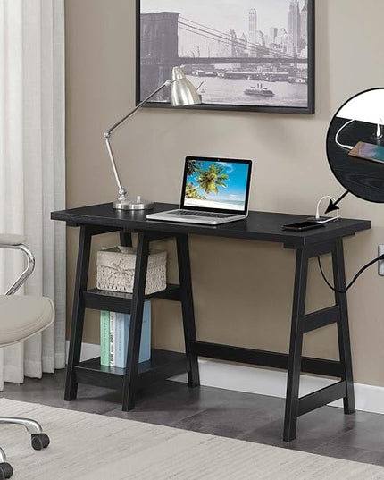 Convenience Concepts Designs2Go Trestle Desk with Charging Station and Shelves, Black - LeafyLoom