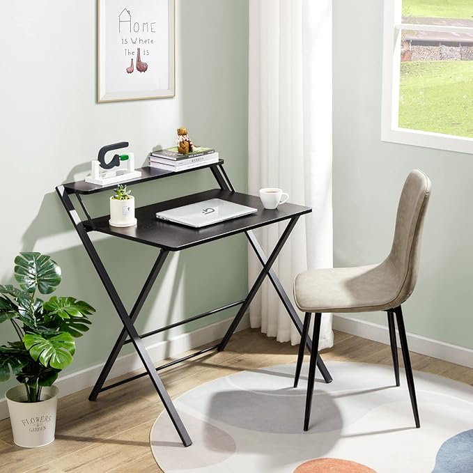 GreenForest Folding Desk No Assembly Required Large Size, 2-Tier Foldable Computer Desk with Shelf for Home Office, Space Saving Portable Laptop Study Foldable Table for Bedroom, Black - LeafyLoom