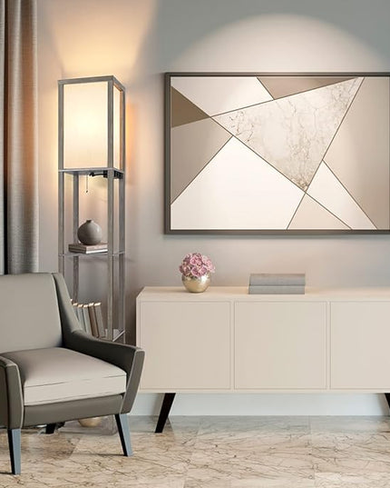 OUTON Floor Lamp with Shelves, LED Shelf Floor Lamp with 1 USB & 1 Type C Ports, 1 AC Outlet, 3 Color Temperature, Storage Display Wood Column Tall Standing Lamp for Living Room, Bedroom Office, Grey - LeafyLoom