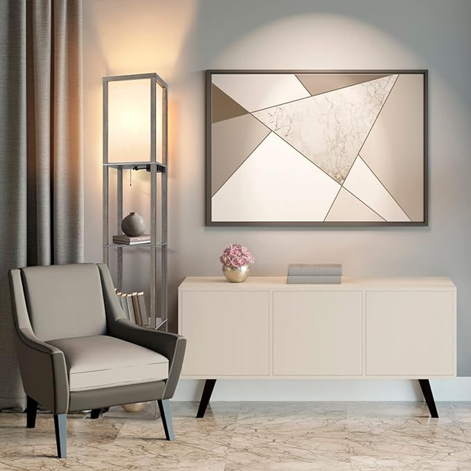 OUTON Floor Lamp with Shelves, LED Shelf Floor Lamp with 1 USB & 1 Type C Ports, 1 AC Outlet, 3 Color Temperature, Storage Display Wood Column Tall Standing Lamp for Living Room, Bedroom Office, Grey - LeafyLoom