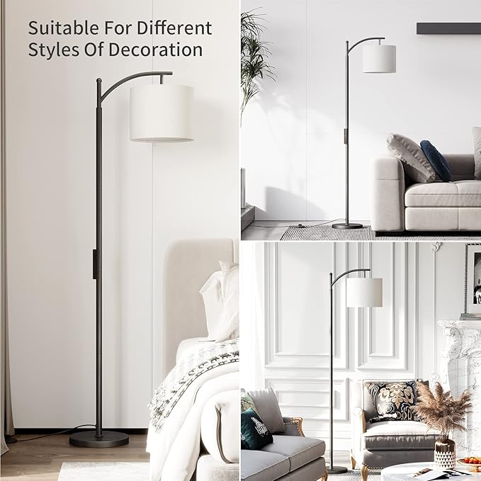 SUNMORY Arc Floor Lamp, Modern Floor Lamp with Romote Control and Stepless Dimmable Bulb, Metal Standing Lamps with Hanging Lampshade for Living Room, Bedroom, Office (Black) - LeafyLoom