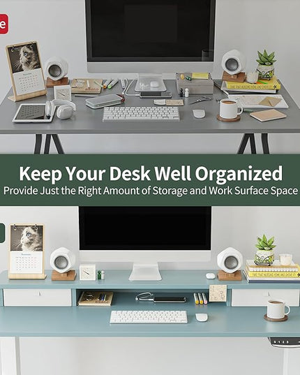 FEZIBO 55 x 24 Inch Height Adjustable Electric Standing Desk with Double Drawer, Stand Up Desk with Storage Shelf, Sit Stand Desk, Blue - LeafyLoom