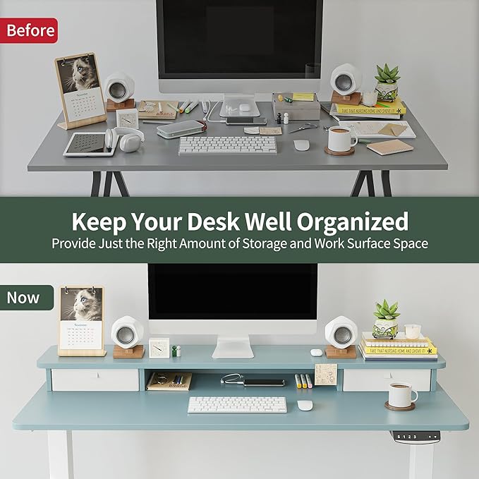 FEZIBO 55 x 24 Inch Height Adjustable Electric Standing Desk with Double Drawer, Stand Up Desk with Storage Shelf, Sit Stand Desk, Blue - LeafyLoom