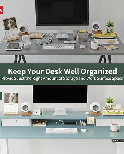 FEZIBO 60 x 24 Inch Height Adjustable Electric Standing Desk with Double Drawer, Stand Up Desk with Storage Shelf, Sit Stand Desk, Blue - LeafyLoom