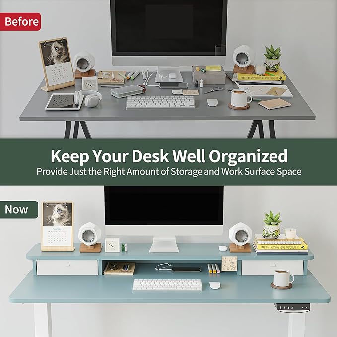 FEZIBO 60 x 24 Inch Height Adjustable Electric Standing Desk with Double Drawer, Stand Up Desk with Storage Shelf, Sit Stand Desk, Blue - LeafyLoom