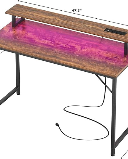 Computer Desk with USB Power Outlets and LED Lights, 47 inch Gaming desk with Monitor Stand for Small Space Home Office, Modern Simple Study Writing Table PC Desks, Rustic Brown - LeafyLoom