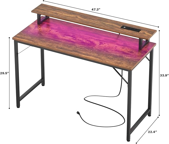 Computer Desk with USB Power Outlets and LED Lights, 47 inch Gaming desk with Monitor Stand for Small Space Home Office, Modern Simple Study Writing Table PC Desks, Rustic Brown - LeafyLoom
