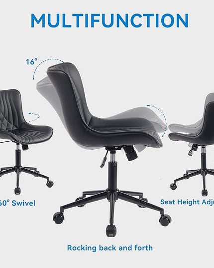 YOUNIKE Office Chair, Armless Desk Chair with Wheels, Home Office Computer Task Chairs, Modern Faux Leather Padded Vanity Chair, Adjustable Swivel Rocking Chair with Back, Black - LeafyLoom