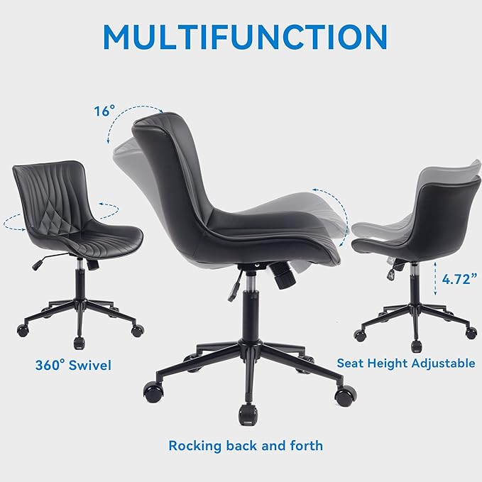 YOUNIKE Office Chair, Armless Desk Chair with Wheels, Home Office Computer Task Chairs, Modern Faux Leather Padded Vanity Chair, Adjustable Swivel Rocking Chair with Back, Black - LeafyLoom